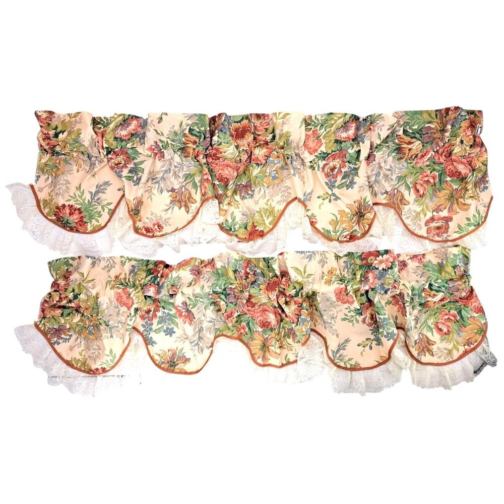 Vintage Lady Linda Floral Scallop Valance Lace Rose 70" Set Of 2 Cottagecore